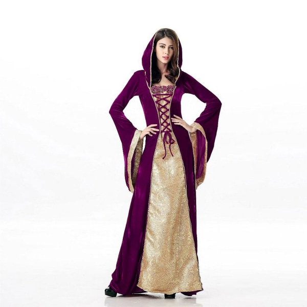 Vintage medeltida viktoriansk klänning renässans balklänningar klänningar kostym långärmad halloween kostym för kvinnor Purple XL