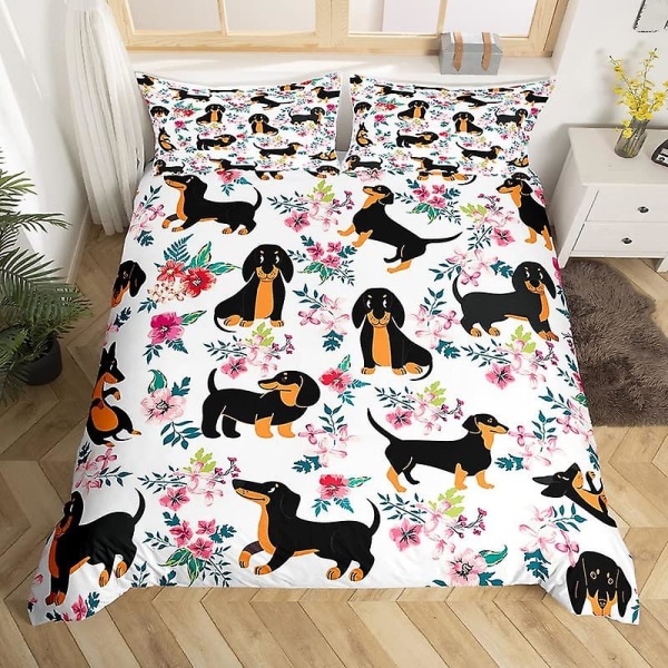 Tax King Queen Påslakan Set Blommigt Tax Sängkläder Set Tecknad Valp Djur Täcke Överdrag Husdjur Polyester Täcke Överdrag