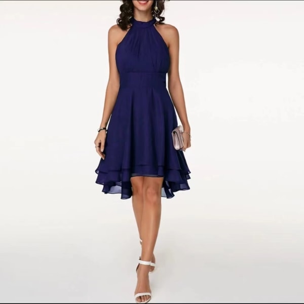 Damekjoler Elegant Halter Neck Ermeløs Kort Midi Kjole royal blue S