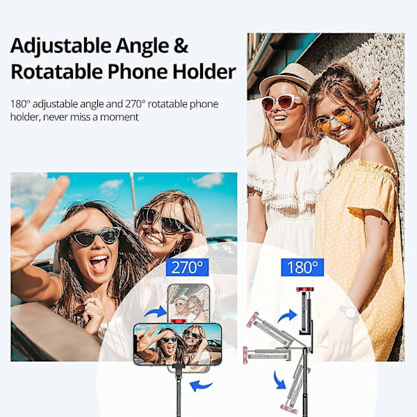 Punainen Selfie-keppi, Selfie-tikku Tripod Monopod Bluetooth Teleskooppinen 3 in 1 Laajennettava 270° Kierto TikTokille iPhone ja Android, Videokuvaus, Blogi
