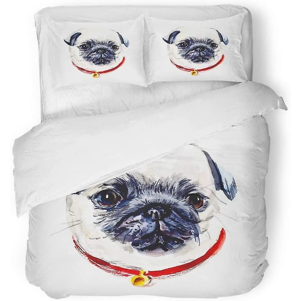 3- set sängset Bedårande mops porträtt Hunden Akvarell Hundsöt Söt vovve Hand Head Looking Cover med 2 örngott
