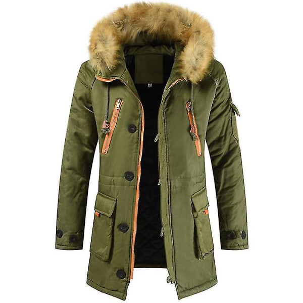 Män Vadderad Parka Jacka Vinter Varm fuskpäls Hooded Ytterkläder Topp Army Green L