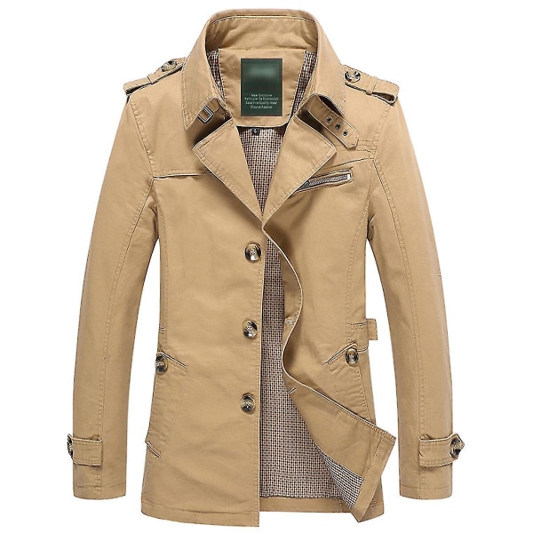 Herr Bomullsjacka Enfärgad Slim Fit Höst Kavaj Casual Trenchcoat Dark Khaki L