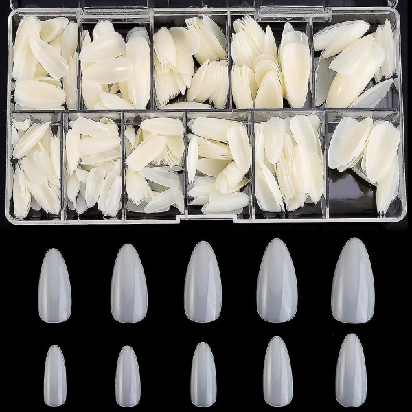 500 kpl läpinäkyviä tekokynsiä, neuvoja täysin peittäviin kynsiin ja case itse tehtyyn nail art varten, 11 kokoa- 2023 Almond Natural