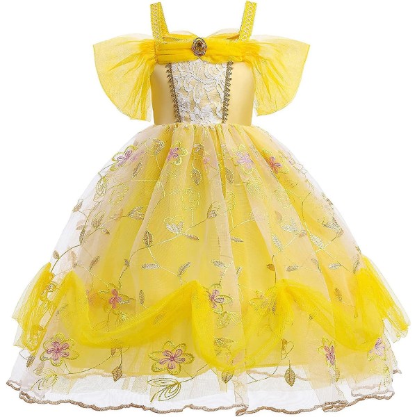 Tyttö prinsessa Belle -asu kaunotar ja hirviö pukeutuu Halloween-juhliin, karnevaaliin, Cosplay-pukemiseen Yellow Embroidery 2-3Years