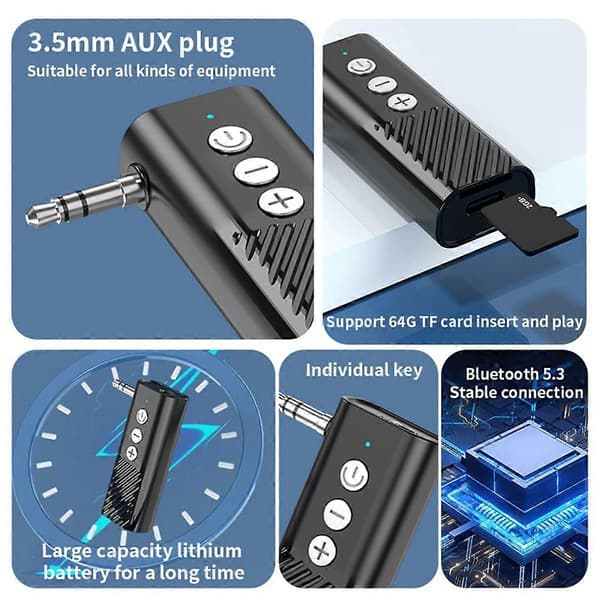 Bil Bluetooth 5.3 Lydadapter Aux Bluetooth Mottaker Sender TF Kort Avspilling Tre-I-Ett