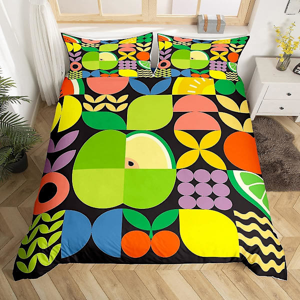 Gult Citron Kung Drottning Påslakan Tecknade Frukter Akvarell Sängkläder Set Färgglada Körsbärsblad Geometri Polyester Täcke