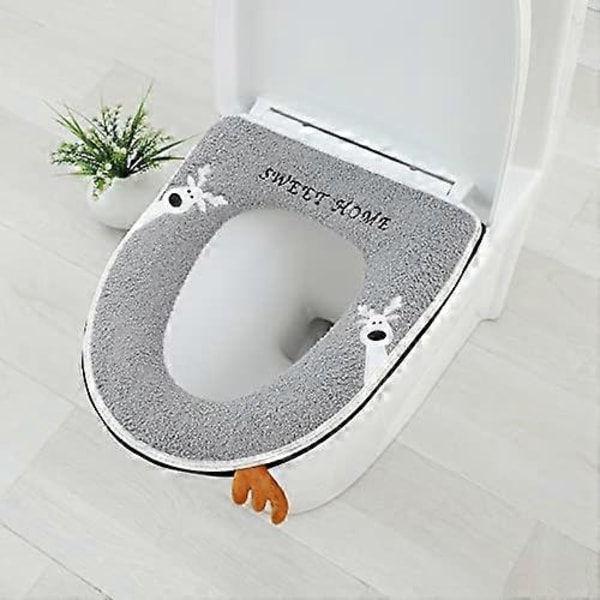 WC-istuimen suojus nostokahvalla - Pehmeä ja mukava kylpyhuoneen paksumpi lämpimämpi WC-istuimen suojus pestävä jouluporo-kuviolla (harmaa)