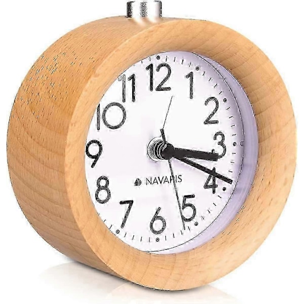 Vækkeur i træ, lydløst analogt batteridrevet med snooze og natlys - naturligt træ soveværelse kontorindretning