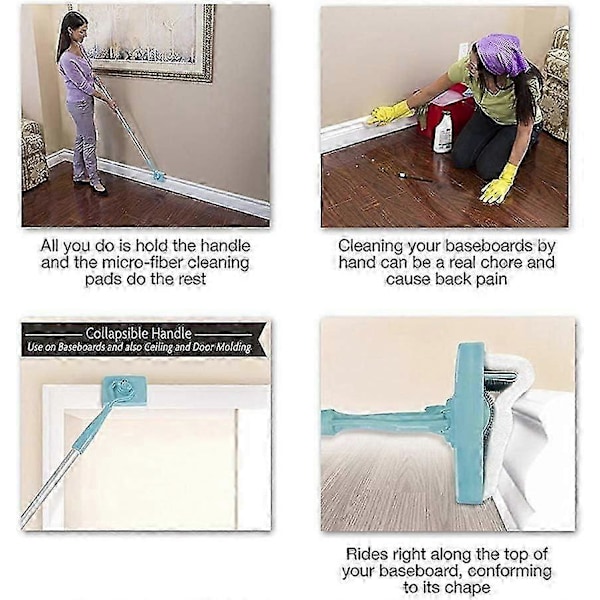 Jalkalistan puhdistustyökalu kahvalla ja 2 uudelleenkäytettävällä puhdistusliinalla, No-Bending Mop -jalkalistan puhdistustyökalu pitkällä kahvalla, säädettävä jalkalistan muotoilutyökalu