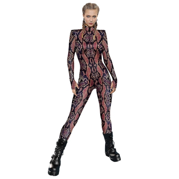 Dame Jumpsuit For Halloween Party 3d Slange Print Bodysuits Cosplay Print Kostyme Stretch Skinny Catsuit Overall M