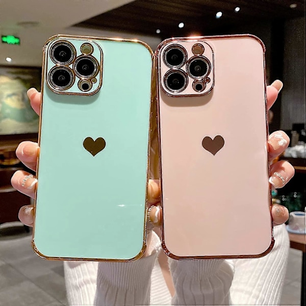 Kompatibel med iPhone 13 Pro Max Deksel Søt, Luksuriøs Kjærlighetshjerte Plating Ramme Design med Kamerabeskyttelse, Myk TPU Bumper - Grønn