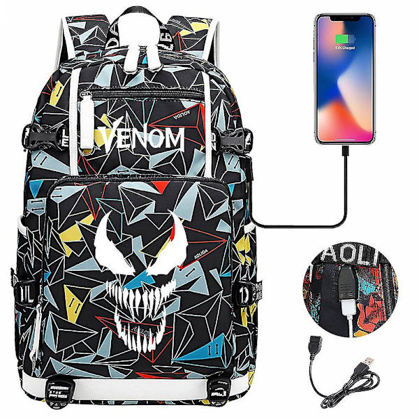 Venom Fashion Trykt USB Skoletaske til Unge (2-108) Color-8