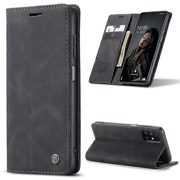 CASEME 013 Serie Magnetisk Smartphone Cover Kompatibel Med Samsung Galaxy M51, PU Læder Wallet Foldbart Stativ Telefon Cover Black