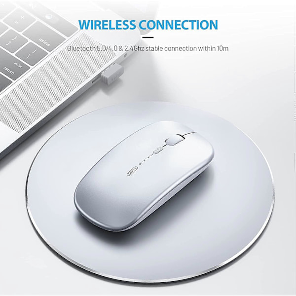 Bluetooth-mus, Trippelmodus Oppladbar Stille Bluetooth Trådløs Mus (BT 5.0/4.0 + 2.4G Trådløs), 1600 DPI Bærbar Mus for Mac, Datamaskin, PC,