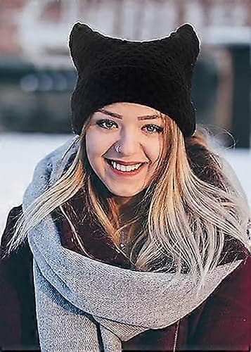Damers kattmössa virkade mössor med öron stickad vintervarm elastisk mössa slouchy för flickor vuxna barn Solid Black