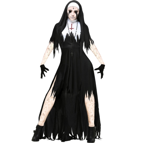 Halloween Zombie Nunna Kostym Vuxen Maskerad Vampyr Evil Party Uniform Cosplay Skräck Nunna S