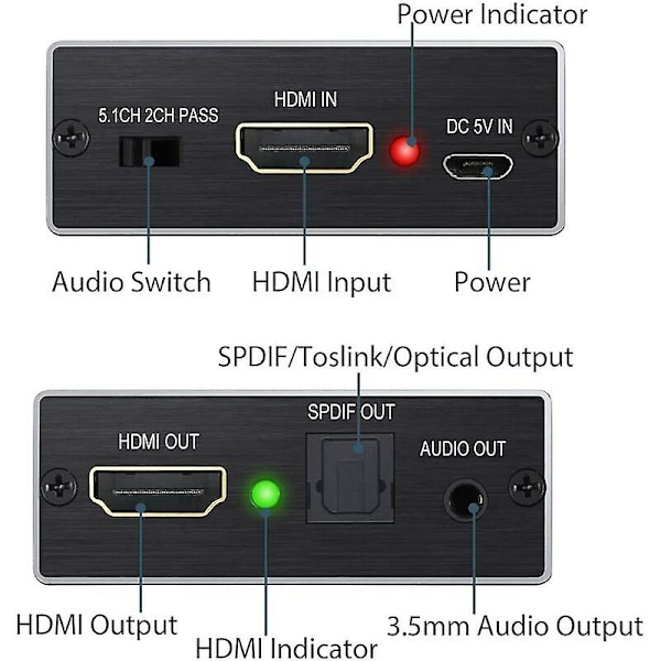HDMI-äänierotin 4Kx2K HDMI - HDMI-muunnin SPDIF TOSLINK optinen ja 3,5 mm:n stereoääni digitaalisesta analogiseksi 4K-adapteri