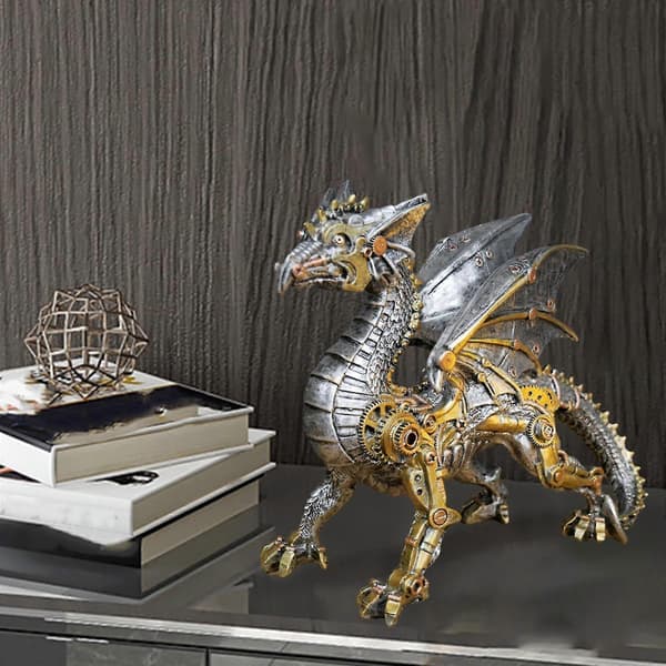 Steampunk Drage Figur Gotisk Bronsefinish Mytisk Statue 9\" Lang