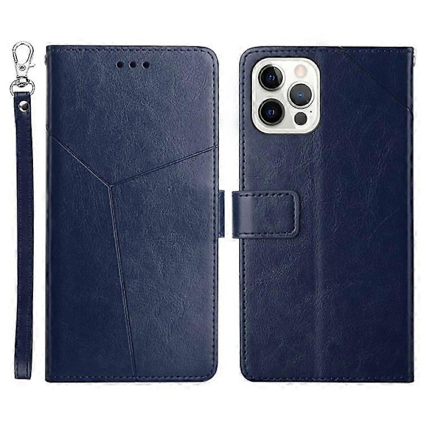 Kompatibel for iPhone 14 Pro Max 6.7 tommer Mobiltelefondeksel Fullstendig Omsluttet PU-Lær Y-Formede Linjer Preging Lommebok Stativ Telefon C Blue