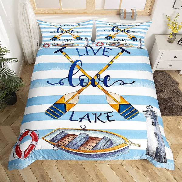 Nautisk Set King Queen Size Lighthouse Paddel Fiskebåt Cover Cartoon Blue Stripe Lake Microfiber Quilt Cover