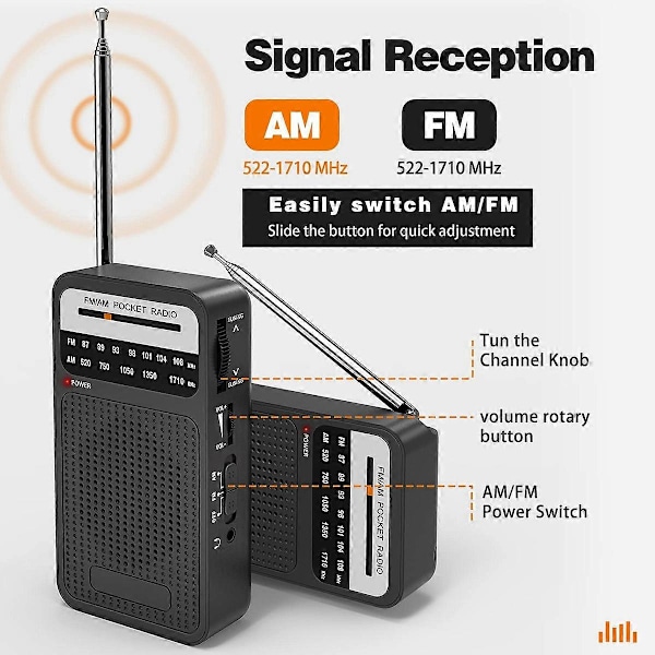 AM FM Lommeradio, Transistorradio med Høyttaler, Hodetelefonkontakt, Bærbar Radio for Innendørs, O