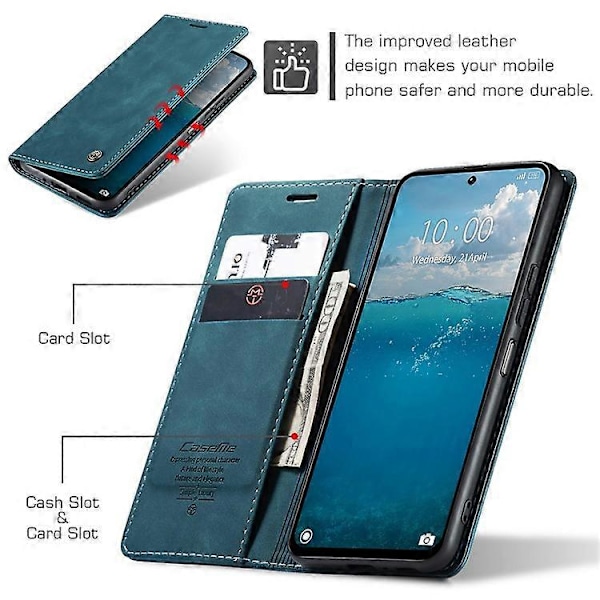 CASEME 013 Serien Kompatibel För Xiaomi Redmi 13 5G / 13 4G / Redmi Note 13R 5G Fodral Kort Hållare Ställ Läder Telefonskal Blue