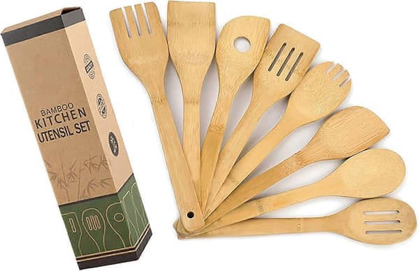Set med 8 köksredskap i bambu, träskedar & spatlar, non-stick & wok, spatelspade