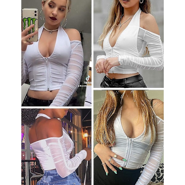 Haltertopp för dam, långärmad crop top Y2k djup V-ringad t-shirt, L