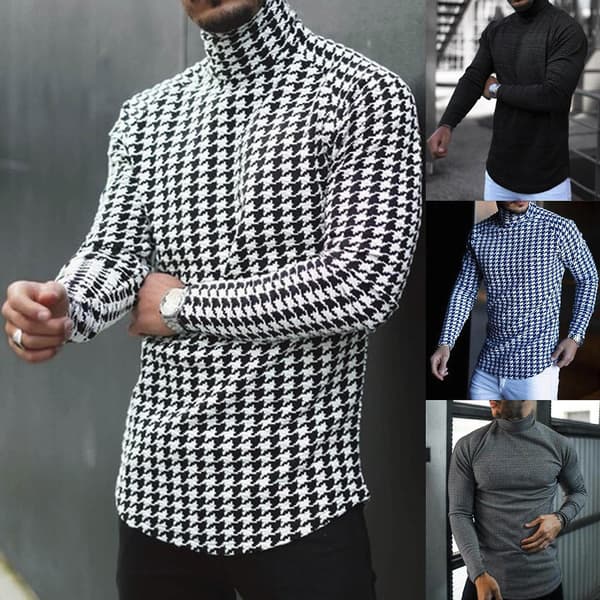 Herr Polokrage Långärmad Tryckt Slim Tröja Pullover Toppar Casual Stickad Tröja Plus Storlek