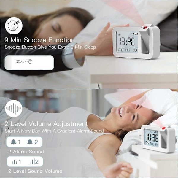 Digital Väckarklocka, Projektionsväckarklocka Digital Väckarklocka Projektionsväckarklocka, 4 Ljusstyrkor, 9 Min Snooze, 2 Larmljud, för Sovrum, Kontor