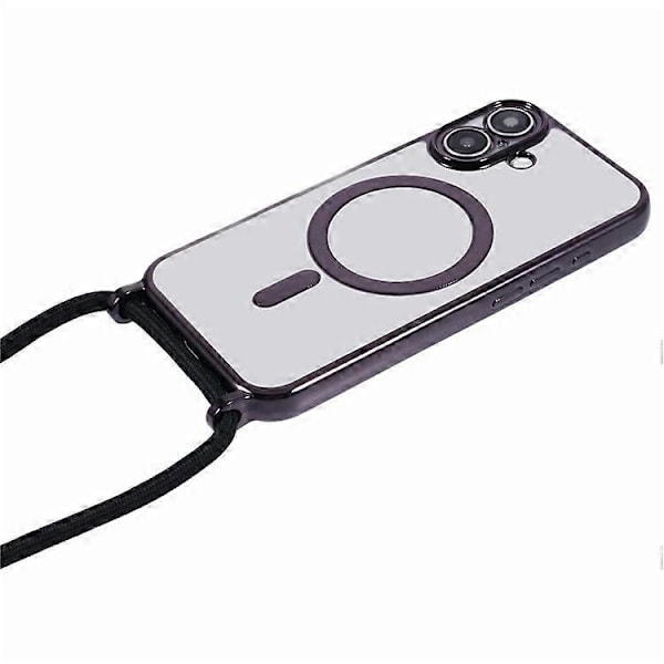 Kompatibelt skal för iPhone 16, kompatibelt med MagSafe, elektropläterad TPU-mobilskydd med långt snöre Black