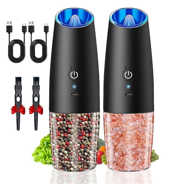 2 STK Elektrisk Salt- og Pepperkvernsett USB Oppladbar med LED-lys Automatiske Krydderkverner