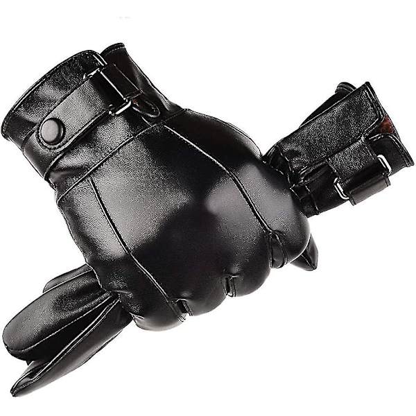 Herre Vinterhandsker Efterår Sort Brun Glat Pu Læder Plus Tyk Velvet L