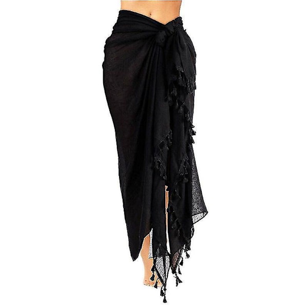Dame Strand Batik Lang Sarong Badedragt Cover Up Wrap Pareo Med Kvaster Sort 1 stk. Ha