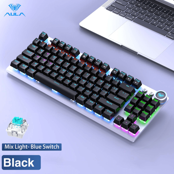 F3001 2.4G trådløs bluetooth kablet tre-modus tastatur mekanisk spill kontor trådløs bakgrunnsbelysning 87-tasters tastatur Black-Blue switch