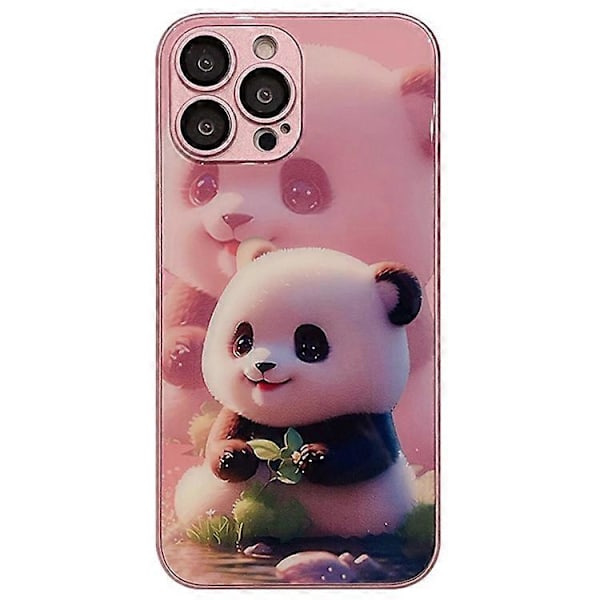 Kompatibelt för iPhone 13 Pro Sött Panda Mönster Tryck Härdat Glas+TPU Telefonfodral med Linsskydd Pink