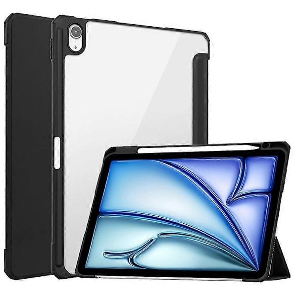 Kompatibelt Skal för iPad Air 11 (2024) Transparent Fodral PU Läder Auto Wake Sleep Skyddande Fodral med Pennhållare Black
