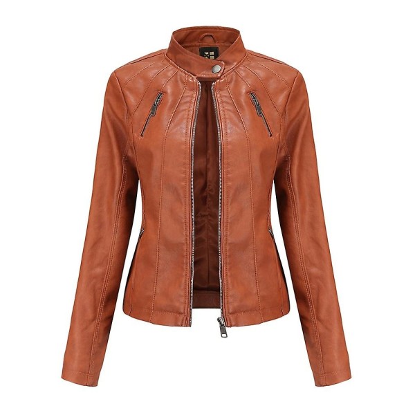 Läderimitation Jacka Dam Höst Långärmad Dragkedja Slim Mode Motorcykel Oversize Jacka Faux Läderrockar Ytterkläder brown M