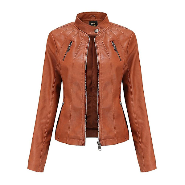 Läderimitation Jacka Dam Höst Långärmad Dragkedja Slim Mode Motorcykel Oversize Jacka Faux Läderrockar Ytterkläder brown S