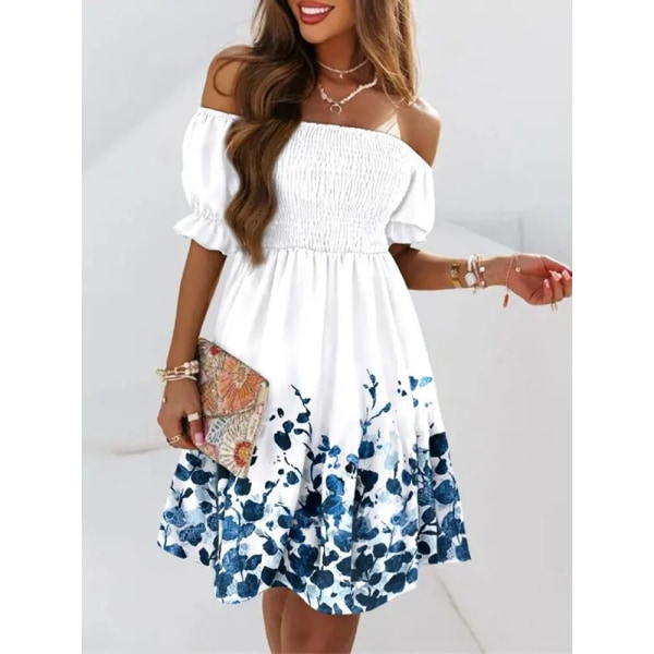 Sexy Off Shoulder Mini Kjole Dame Sommer Løs Boho Print Party Kjole green M