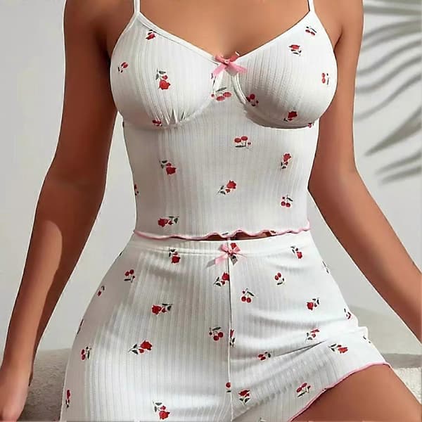 Loungewear-sæt med kirsebærprint - Cropped Cami og Shorts - Polyester E2XL 2XL