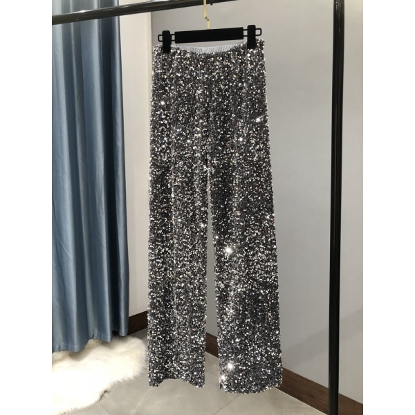 Dam Mode Trendiga Glänsande Guldbyxor Lös Hög Midja Vida Ben Dam Black silver strip S