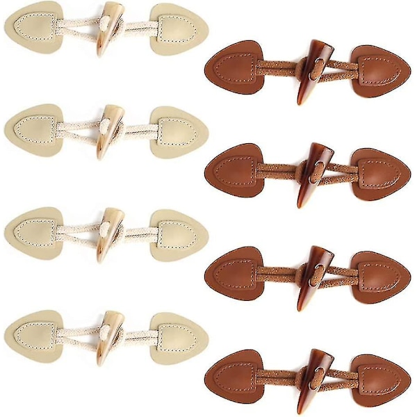 Hornknapper i lær, 8 par, hornfeste-knapper, PU-lær syknapper, kneppelukning for DIY kles-sytilbehør (beige og brun)