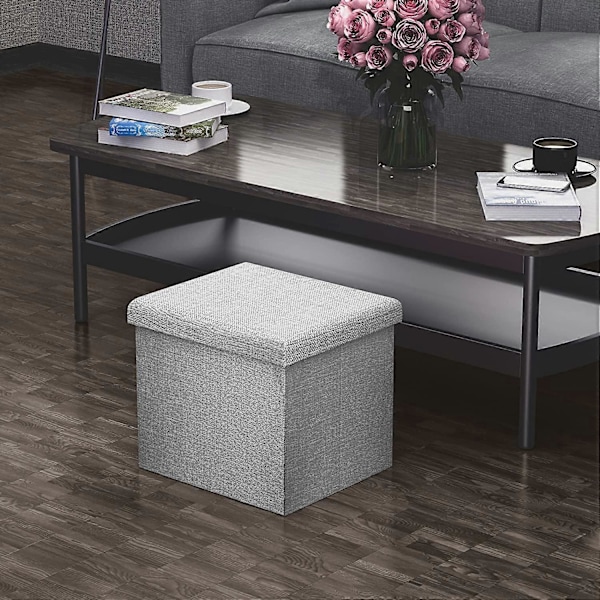 Vikbar Ottoman 30x30x30 cm i Alaska Grå - Dekorativ Förvaringslåda i Linne-look Tyg för att Spara Utrymme - Pall med Förvaring