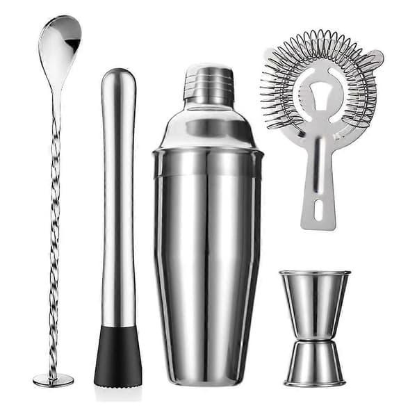 5-delt Cocktail Shaker Sett Sil Jigger T-Mikseskje Muddler Bartender Kit Rustfritt Stål S
