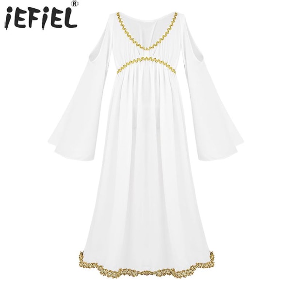 Romersk Grekisk Athena Gudinna Cosplay Klänning Flickor Guld Kant Halloween Kostym Rollspel Party Lång Maskeradklänning XS