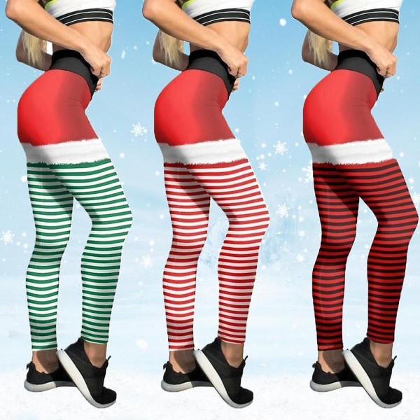 Nya God Jul Leggings Hög Midja Elasticitet Kvinnor Tryckta Randiga Snö Leggings Punk Bälte 3 Färger Byxor D-JK1-128 S