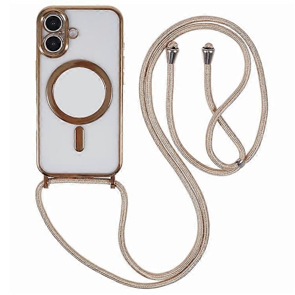 Kompatibelt skal för iPhone 16, kompatibelt med MagSafe, elektropläterad TPU-mobilskydd med långt snöre Gold