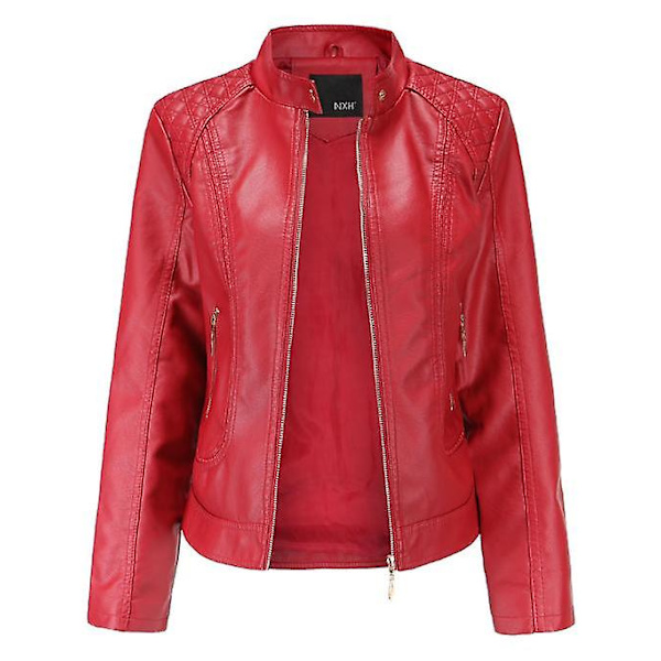 PU Läder Jacka med Dragkedja Vår Höst Dam Oversize Motorcykel Streetwear Ytterkläder Kläder Svart Khaki red XL